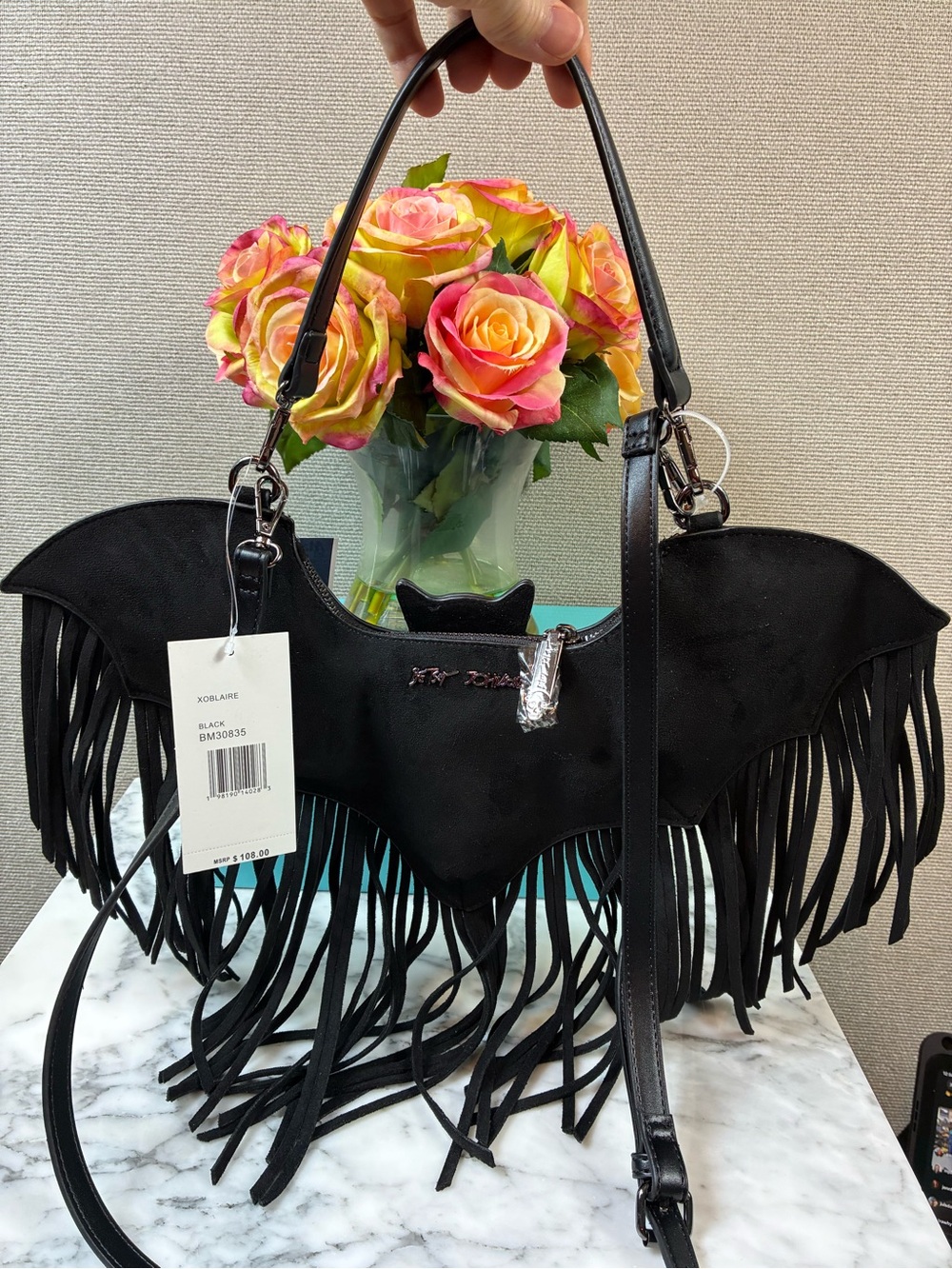 Betsey Johnson Black Fringed Bat in Faux Suede XOBLAIRE Convertible Bag - HTF